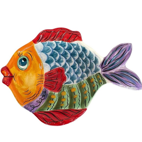 Hand Painted Vissen 3D Fish Ceramic Bowl Dish, Whimsical 10x7.5x3 Retired Design - Picture 1 of 10